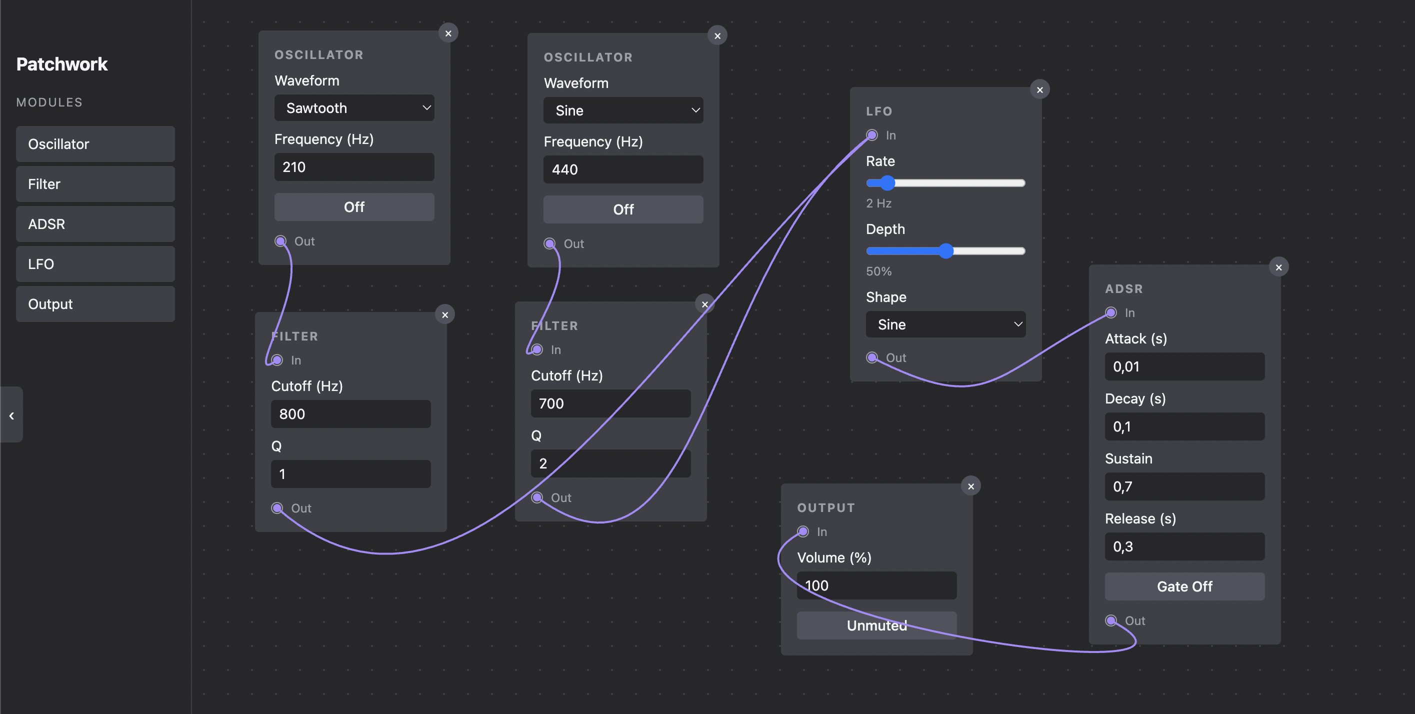 A screengrab of the modular websynth Patchwork